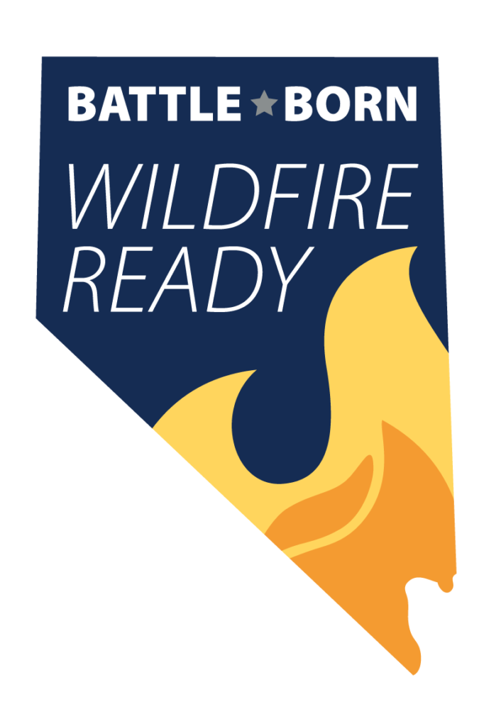 Ilustración gráfica en forma del estado de Nevada con llamas ilustradas y texto que reza &quot;Battle Born Wildfire Ready&quot;.