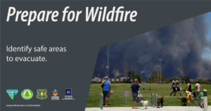 Photo of a group of people gathered at a soccer field, with dark wildfire smoke in the background and text that says, "Prepare for Wildfire, Identify safe areas to evacuate."