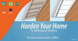 Illustration of the eaves of a home before and after installing soffetts with text that says, "Harden your home to withstand wildfire. Enclose eaves with soffits."