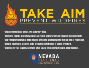 Infographic of a shooting target on fire with the text, "Take Aim, Prevent Wildfires." Other text in description below.