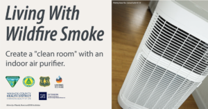 Photo of an indoor air purifier with text that says, "Living With Wildfire Smoke, Create a clean room with an indoor air purifier."