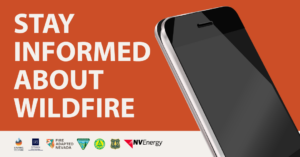 This is a graphic with a phone on the right and the words "Stay informed about WIldfire" on the left. 