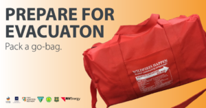 This is a graphic with a picture of an evacuation go-bag. The words in the upper left corner say "Prepare for Evacuation, pack a go-bag". 