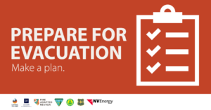 This is a graphic illustration with a clipboard checklist on the right and the text saying, "Prepare for Evacuation, make a plan". 