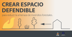 This graphic has an illustration of a home distanced away from vegetation and fire. Above is the text, "Crear Espacio Defendible para reducir la amenaza de incendios forestales". 