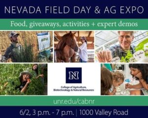 Folleto para el Nevada Field Day &amp; Ag Expo que incluye fotos de niños y adultos cultivando un huerto e interactuando con cultivos agrícolas.