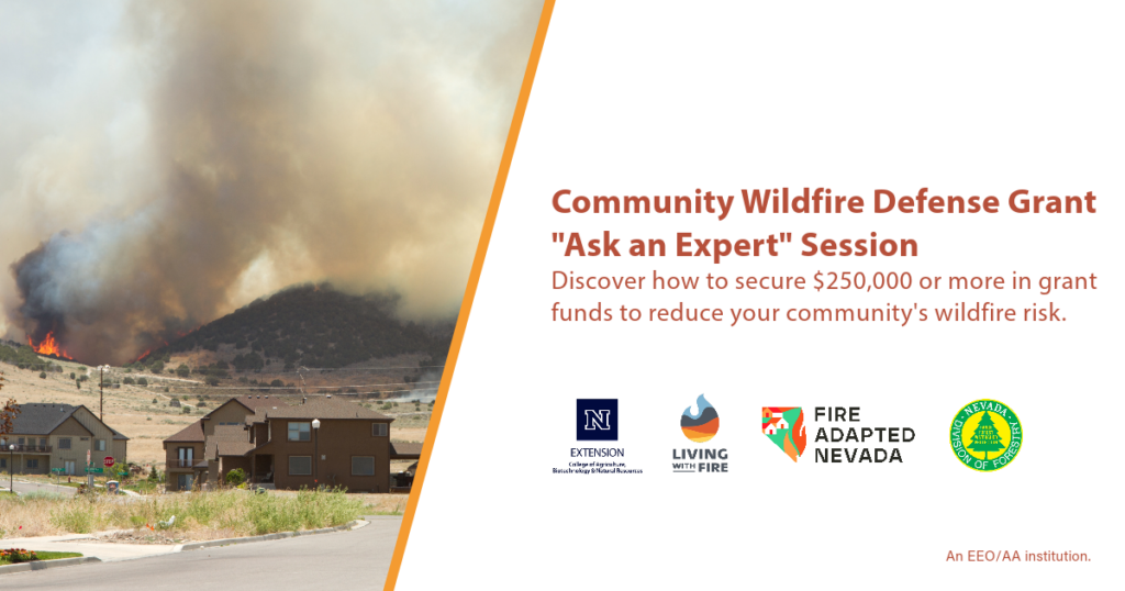 On the left is a photo of a neighborhood surrounded by sagebrush with a fire burning on a hill in the distance. On the right, text reads, "Ask an Expert: Applying for a Community Wildfire Defense Grant in Nevada."